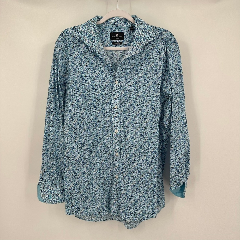 Psycho Bunny Mens Preppy Floral Button Up Shirt Size 16 32/33 Modern Fit No Iron